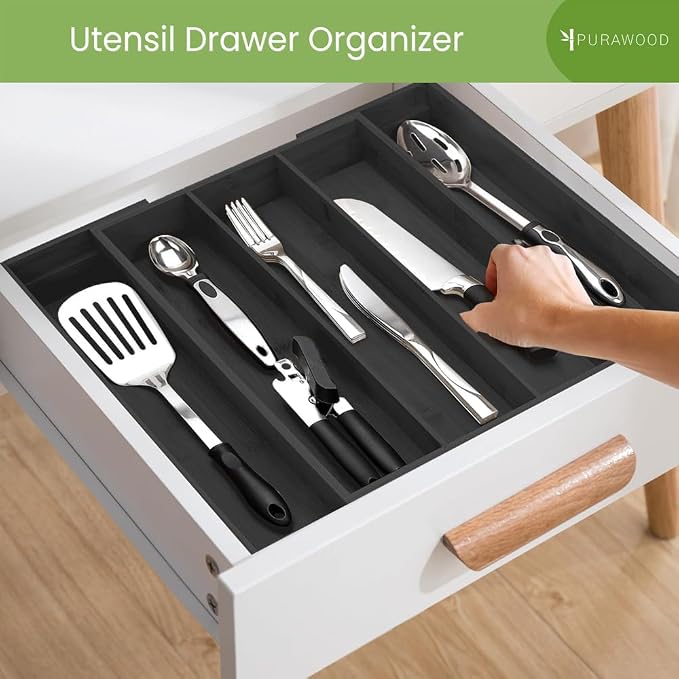 Purawood Kitchen Drawer Organizer - Expandable Utensil Organizer for Kitchen, Cutlery Tray & Silverware Organizer, 3-5 Slots - Bamboo Drawer Organizer for Utensils & Flatware (Black) - Image 4