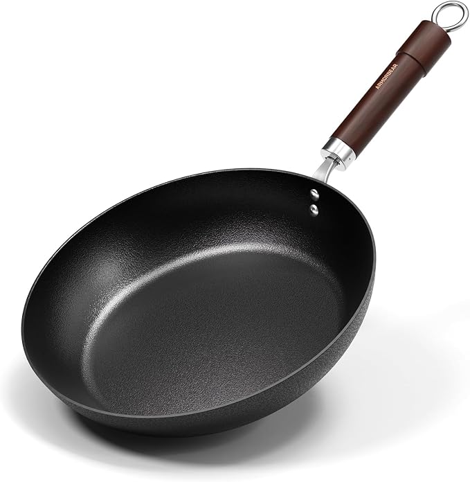 Carbon Steel Frying Pan, Pre-Seasoned 11-Inch Cooking Skillet Wooden Handle, PFAS & PFOA-Free, Nitrided Black Fry Pan for Kitchen, Camping, Chef Use by Unknown