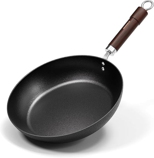 Carbon Steel Frying Pan, Pre-Seasoned 11-Inch Cooking Skillet Wooden Handle, PFAS & PFOA-Free, Nitrided Black Fry Pan for Kitchen, Camping, Chef Use by Unknown