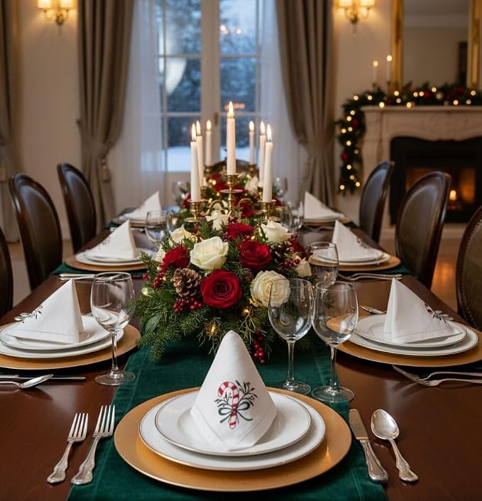Embroidered Cloth Napkin Candy Cane Christmas Cotton Napkins Set of 6, 20x20 Hemstitch Table Napkins Machine Washable, Daily & Christmas, Great Present Ideas - Image 4