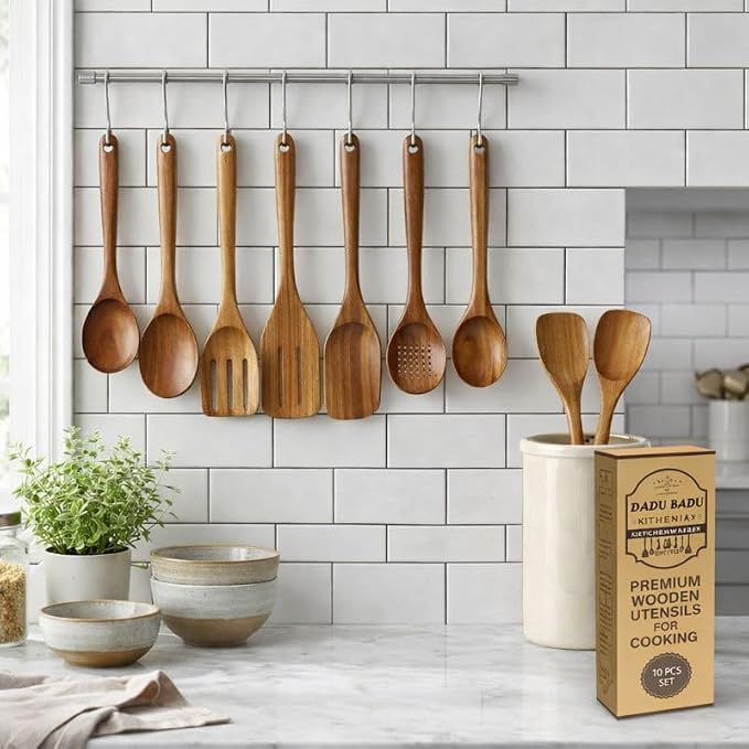 DADU BADU Teak Wooden Utensil Set of 10 – Non-Toxic Cooking Spoons & Spatulas for Nonstick Pans – Includes Pasta Spoon, Ladle, Skimmer – Premium Wood Kitchen Gift Set with Holder | Non-Toxic Cooking Spoons & Spatulas, for Nonstick Pans, Includes Pasta ... - Image 8