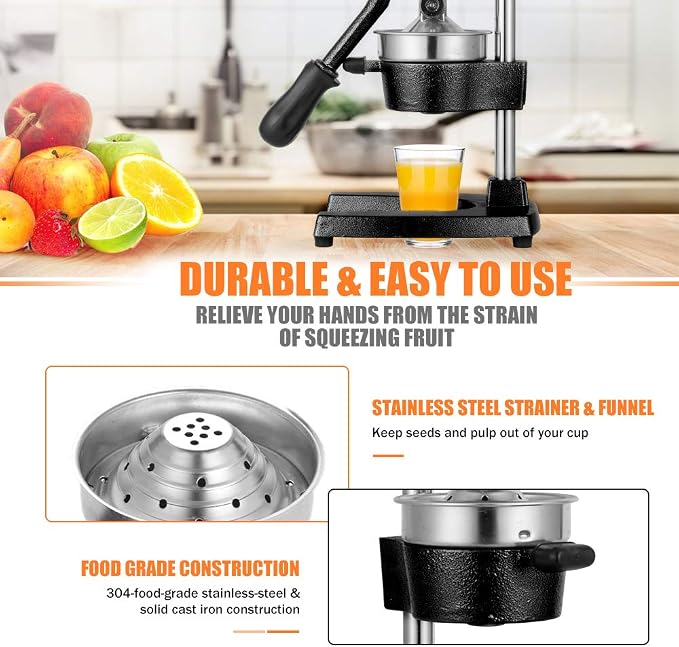 Commercial Heavy Duty Cast Iron Hand Press Manual Orange Citrus Lemon Lime Grapefruit Pomegranate Fruit Juice Squeezer Machine with Stainless Steel Cup Black - Image 6