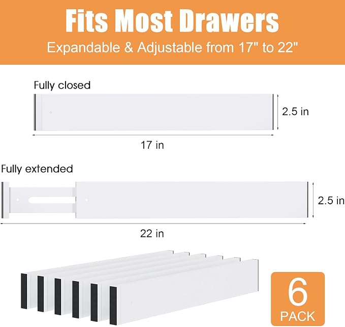Bamboo Drawer Dividers, Adjustable Drawer Organizers, Fits 17.6–21" Drawers | 2.5" High, 6 Pack Expandable Drawer Separators for Kitchen, Nursery, Dressers & Office Storage, White - Image 3