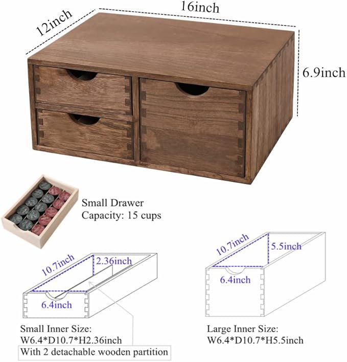 DDYURI Coffee Pods Storage Drawer Holder for Capsules - Multi Functional Desk Organizer Drawers For K cups Coffee Maker Brew - Kitchen Mini Wooden Box Chest Sideboard Counter Organization CF2D3C Dark - Image 2