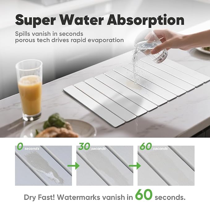 Stone Drying Mat for Kitchen Counter, Quick Diatomaceous Earth Mats for Dishes, 24"L x 16" W Super Absorbent Fast-Drying Collapsible Countertop Stone Mat (White, 24" x 16") - Image 2