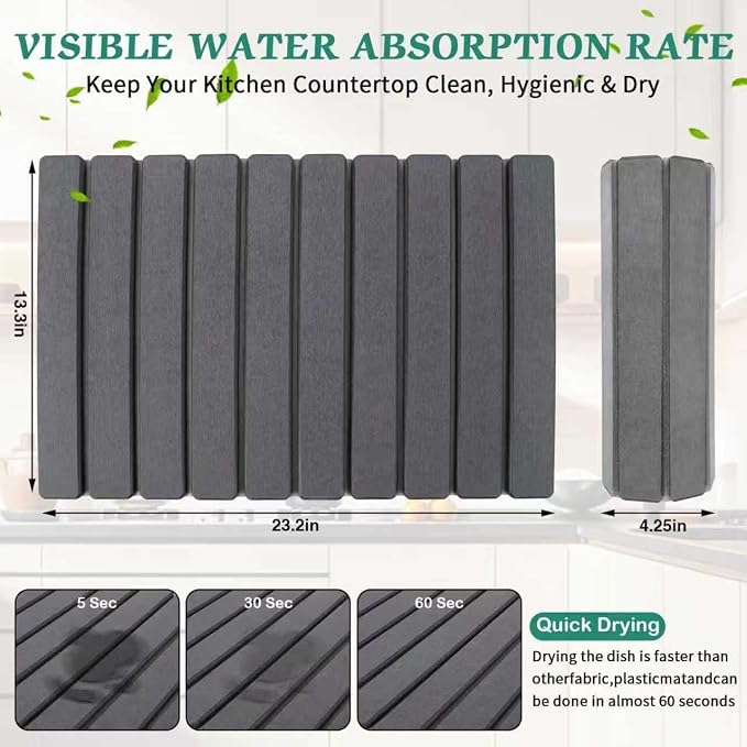 Stone Dish Drying Mat for Kitchen Counter, 24 x 16 Inch(Dark Gray) | Absorbent diatomaceous earth and PVC, folds for compact storage, suitable for dishes, cups, bottles, or a bathroom floor mat - Image 2