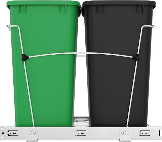 Rev-A-Shelf Double 35 Qt Pullout Trash Can for Base Kitchen Cabinets, Garbage Waste & Recycling Bin System with Full Extension Slides, Min Opening Width of 14.5", Green/Black, RV-18KD-1918C-S - Image 8