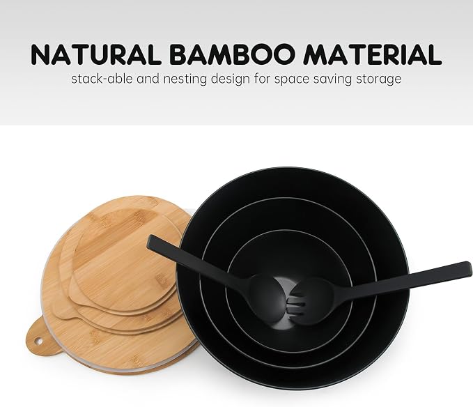 ECOWAY Salad Bowls Set of 3 with Seal Lid & Serving Utensils, Bamboo Fiber Mixing Bowls Set Large Serving Bowls & Storage Set with Bamboo Lid for Salad, Kitchen Eating, Pasta, Popcorn, Fruit, Black - Image 6