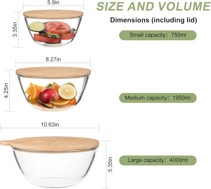 JOYMAY Glass Salad Bowls, Set of 3 Glass Bowls with Bamboo Lids Large Serving Bowl for Salad, Pasta, Desserts, W/Bamboo Utensils Salad Fruit Nesting Bowl for Cooking,Baking,Prepping,Serving & Storage - Image 3