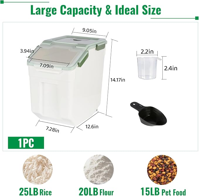 Rice Container 25 lbs Large Bulk Flour Sugar Storage Holdhouse Plastic Grain Cereal Dry Goods Bin with Spoon and Measuring Cup for Kitchen Pantry Organization - Green - Image 2