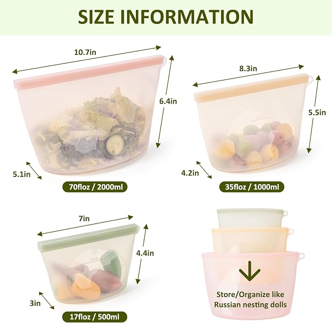 12-Packs Slider Reusable Silicone Food Storage Bags, 100% Silicone Stand-Up Wide-Open Leakproof Reusable Storage Bags for Food, Freezer Microwave Oven Dishwasher Safe, Eco-Friendly, Mixed 4L 4S 4XS - Image 6