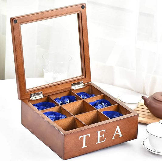 Wood Tea Storage Box, Teabag Storing 9 Compartments Wooden Tea Box Hinged Glass Lid Tea Organizer-Brown by Fonture