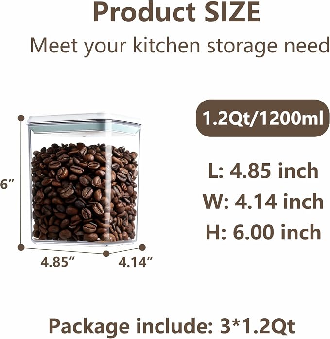 Pop Food Storage Containers Set Airtight Food Storage Containers with Pop Lids, Kitchen Pantry Organization and Storage, Cereal, Rice, Flour, Pasta & Snack Container, BPA Free, 3 x 1.2Qt - Image 4