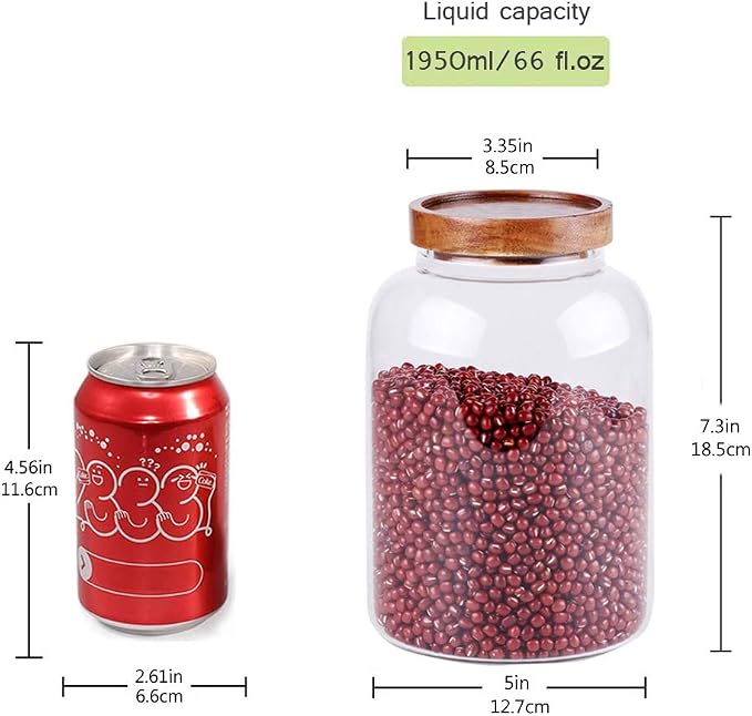 Large Glass Food Canisters, 66 FL OZ(1950ml) Kitchen Serving Stoarge Container with Airtight Acacia Lids, Cereal Dispenser Jars for Spaghetti Pasta, Powder, Spice, Tea, Coffee(7.6inch high) - Image 2