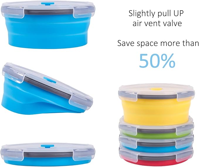 Collapsible Food Storage Containers with Airtight Lid, 40.5 oz, Kitchen Stacking Silicone Collapsible Meal Prep Container Set for Leftover, Microwave Freezer Dishwasher Safe, 4 Colors Round, Set of 4 - Image 3