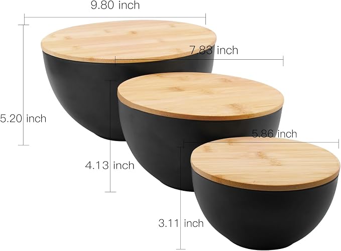 ECOWAY Salad Bowl Set of 3 with Bamboo Wooden Lids, Mixing Bowls Set, Nesting Bowls for Space Saving Storage, Made with Durable Eco-Friendly Bamboo Fiber, Great for Prepping and Serving Food, Black - Image 4