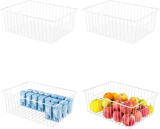 Upright Freezer Organizer Bins， Freezer Baskets for 16, 17, 21 cu.ft Standup Freezer, Wire Storage Baskets with Built-in Handles for Frozen Foods, Snacks, Vegetables, Fruits and More, Set of 4 , White by lonpute