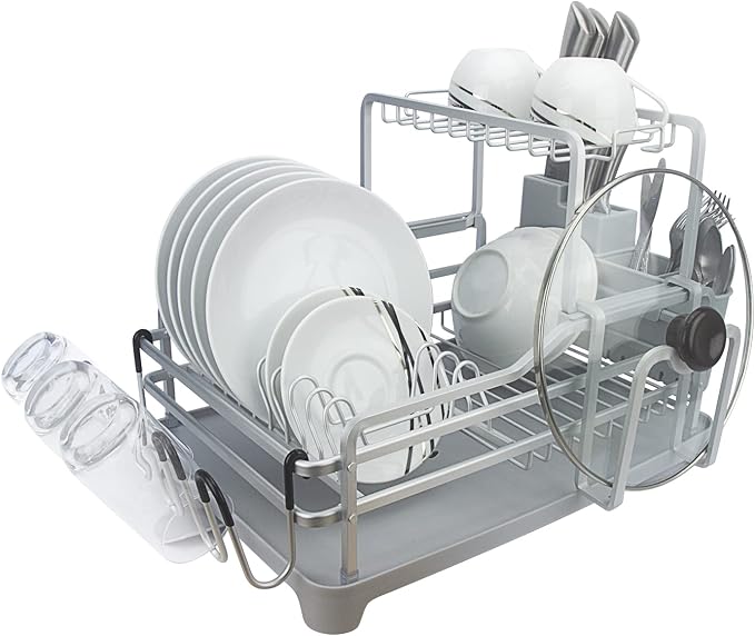 GMT-10353-B Aluminum Dish Drying Rack with Utensil Holder - 2 Tier Kitchen Countertop Rust Proof Dish Rack Lid Hanger and Drainboard Set - Large Dish Organizer Rack by Evelyne