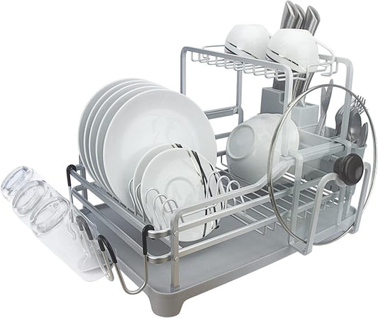 GMT-10353-B Aluminum Dish Drying Rack with Utensil Holder - 2 Tier Kitchen Countertop Rust Proof Dish Rack Lid Hanger and Drainboard Set - Large Dish Organizer Rack by Evelyne