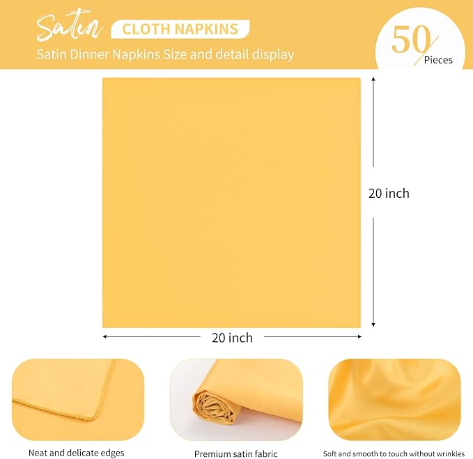50 PCS Gold Square Satin Cloth Napkins, 20 X 20 Inch | Soft Smooth, Washable Reusable, Silk Dinner Table Napkins Bulk, for Weddings Parties Banquets Dining and Restaurants - Image 3