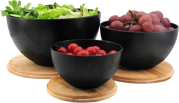 ECOWAY Salad Bowl Set of 3 with Bamboo Wooden Lids, Mixing Bowls Set, Nesting Bowls for Space Saving Storage, Made with Durable Eco-Friendly Bamboo Fiber, Great for Prepping and Serving Food, Black - Image 2