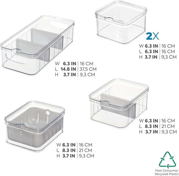 iDesign Crisp 5-Piece Recycled Plastic Refrigerator Organizer Bin Set with Lids, Clear/Gray - Image 3