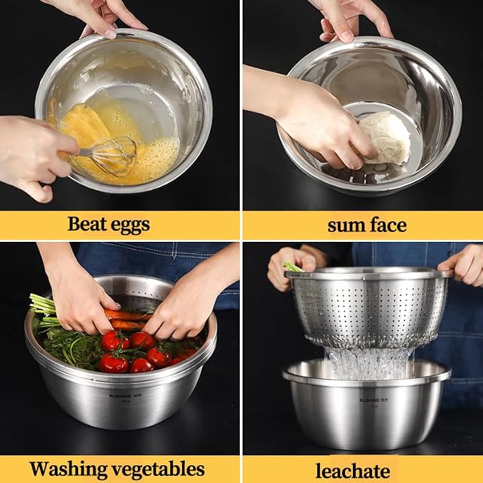 Stainless Steel Mixing Bowl Set with Colander 5-piece set, Round Nesting Bowls for Washing Vegetables, Beating Eggs, Draining, and Kneading Dough - Image 7