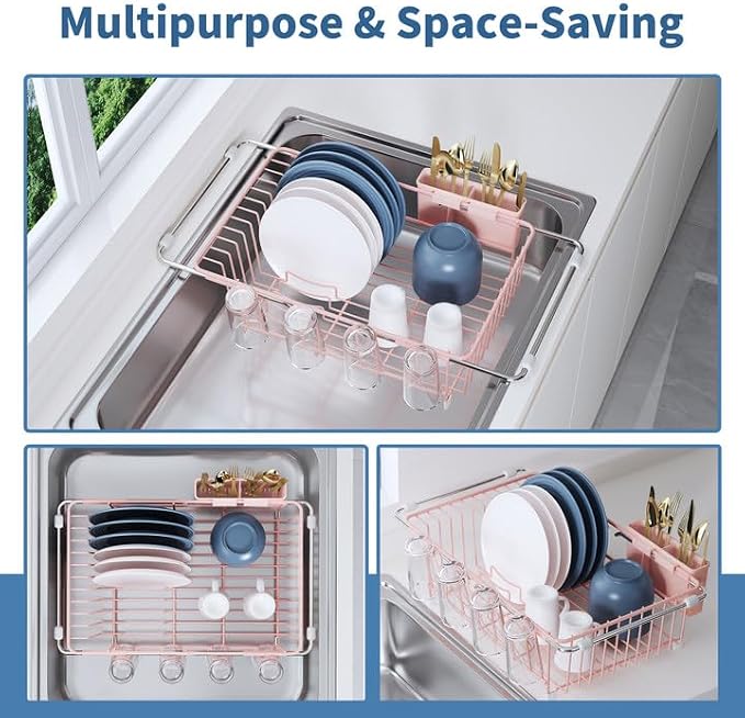 JASIWAY Pink Dish Drying Rack in Sink, Dish Drainer with Utensil Holder | Over The Sink Expandable Stainless Steel Strainer Dryer Rack for Small Kitchen, Counter Space Saving, Fast Drain, Rustproof - Image 2