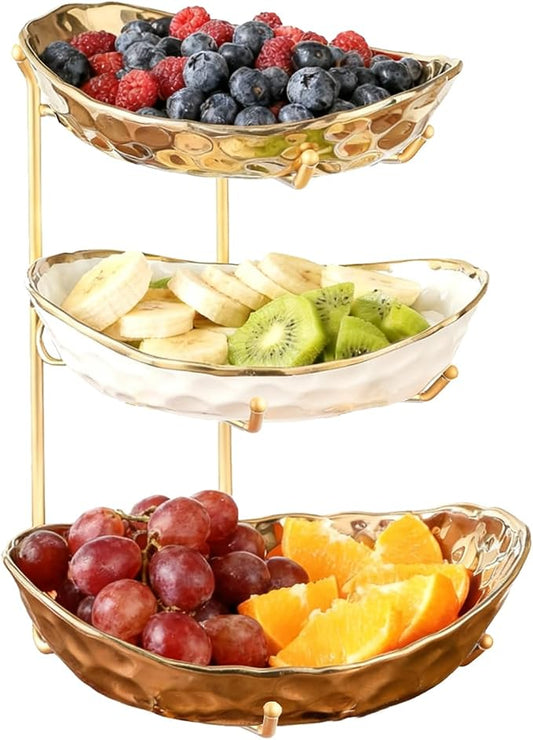 3 Tier Ceramic Fruit Bowl with Metal Stand - Kitchen Countertop Organizer for Fruits, Snacks, Desserts, Nuts, Candy Storage, Modern Serving Basket for Party, Dining & Home Decor by DYUEXISELECT