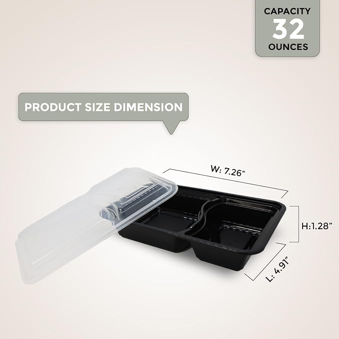 Klex 32 Oz, 150 Sets 2 Compartment Meal Prep Containers with Airtight Lids, BPA Free, Reusable Plastic Food Container, 32 oz, Rectangular, Black/Clear, 150 Sets - Image 2