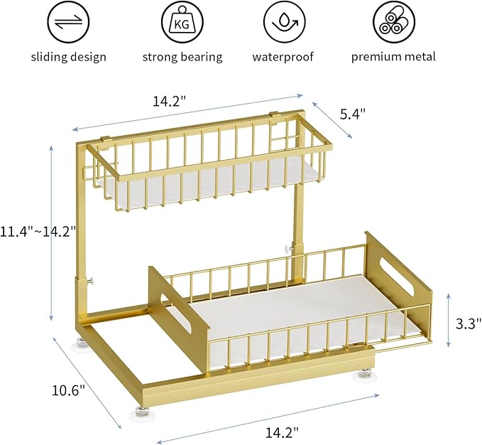 2-Pack L-Shaped Under Sink Organizer, 2-Tier Pull-out Cabinet Rack | Gold Height-Adjustable Steel Rack, Sliding Grid Drawers with PP Liners, Holds 100 Lbs, Suction Base, Ideal Kitchen Storage - Image 6