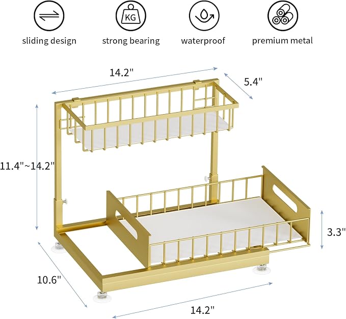 L-Shaped Under Sink Organizer, 2-Tier Pull-out Cabinet Rack 1-Pack | Gold Height-Adjustable Steel Rack, Sliding Grid Drawers with PP Liners, Holds 100 Lbs, Suction Base, Ideal Kitchen Storage - Image 6