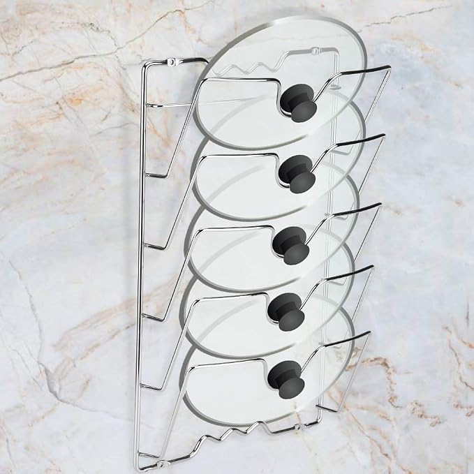 5-Tier Wall-Mount Pot Lid Rack for Kitchen – Pan Lid Organizer, Cabinet Door Storage Rack, Cookware Holder for Pots, Lids, Bakeware & Kitchen Utensils (USA) by AYNEFY