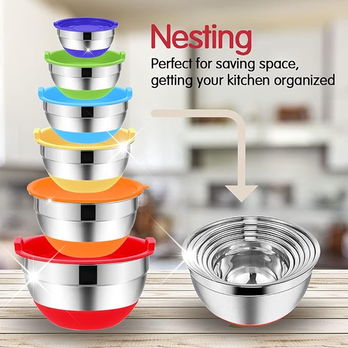 Rottay 20PCS Stainless Steel Mixing Bowls with Airtight Lids Set | Includes 3 Grater Attachments and Non-Slip Bottoms with Size 7, 4, 3, 2, 1.5, 1QT Nesting Bowls for Baking, Meal Prep - Image 3