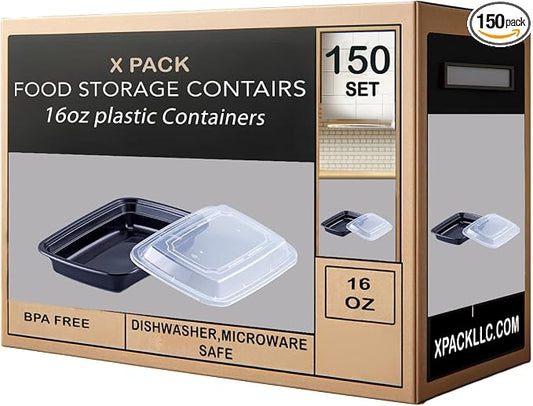 X PACK 16 oz Reusable Meal Prep Containers [150 Pack], Black Microwave Safe Food Storage Containers with Lids, Take Out Container, Bento Lunch Box To Go, BPA Free - Dishwasher & Freezer Safe by XPACK