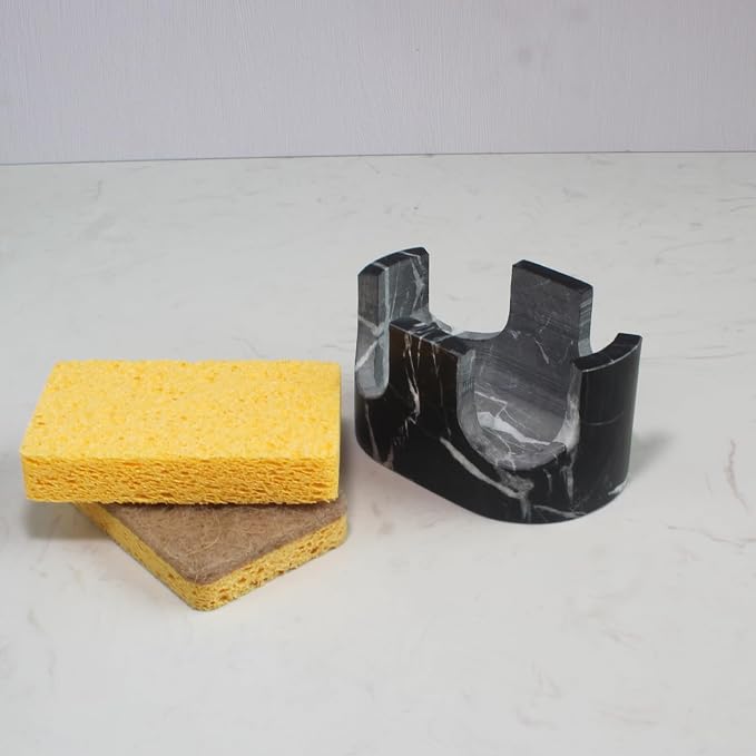 Natural Travertine Marble 2-Slot Sponge Holder for Kitchen Counter, 2-in-1 Stone Drying Rack, Sponge Caddy for Sink Organizer - Nero Portoro Marble - Image 6