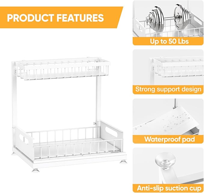 2-Pack L-Shaped Under Sink Organizer, 2-Tier Pull-out Cabinet Rack | White Height-Adjustable Steel Rack, Sliding Grid Drawers with PP Liners, Holds 100 Lbs, Suction Base, Ideal Kitchen Storage - Image 6