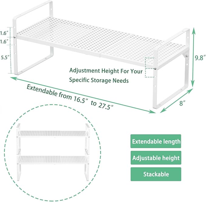 Redrubbit Expandable Cabinet Storage Shelf, Adjustable Height Steel Metal Kitchen Counter Organizers Shelves Spice Rack for Kitchen Pantry Bathroom Cupboard Desk Home Office, White-1 Pack - Image 3