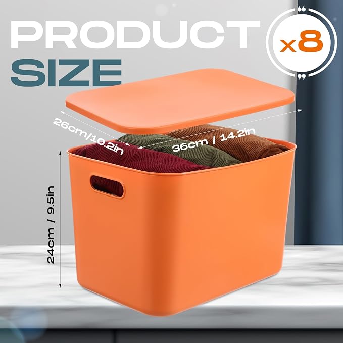 8 Pieces Colorful Storage Bins with Lid, Plastic Storage Basket Organizing Container Stackable Box with Handle for Shelves Desktop Playroom Office(14.2 x 10.2 x 9.5 Inch,Blue and Orange) - Image 2