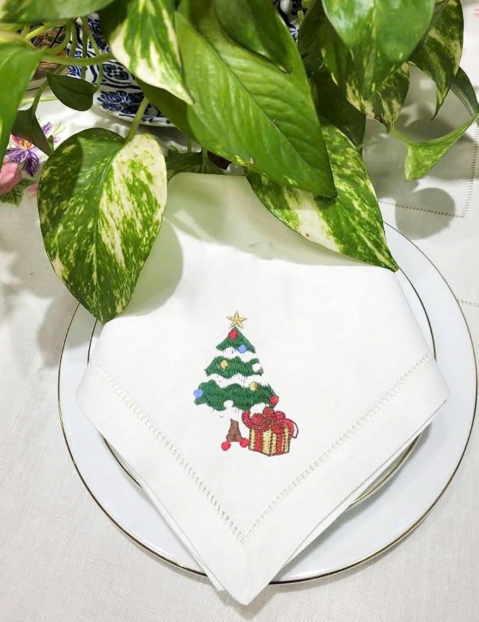 Embroidered Cloth Napkin Christmas Tree and Gift Box Cotton Napkins Set of 6, 20 x 20 Hemstitch Table Napkins Machine Washable, Daily & Holidays, Great Gift Ideas - Image 4