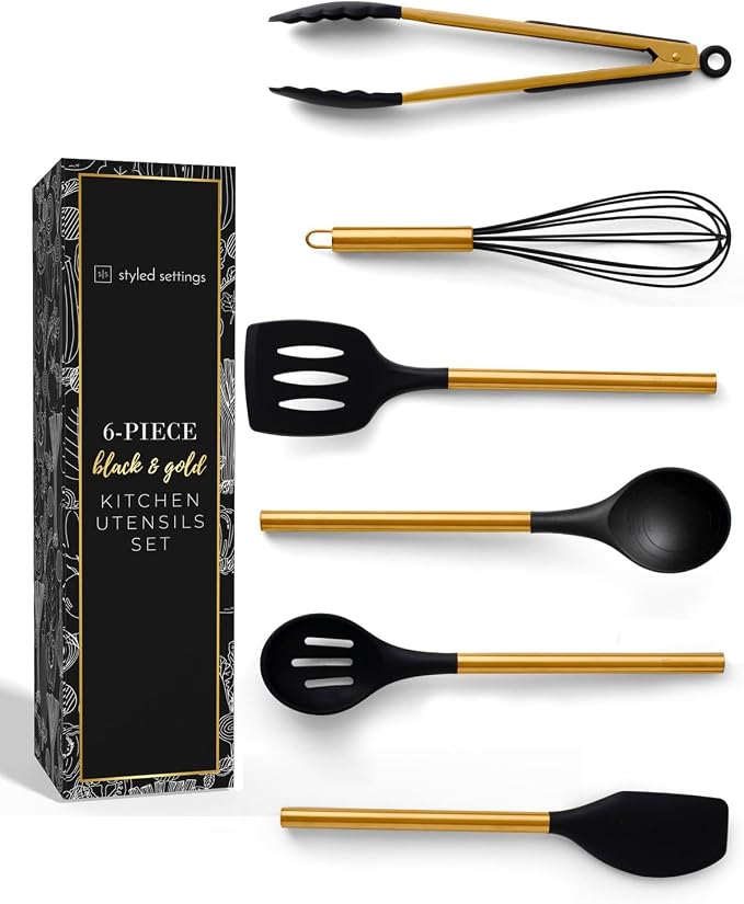 Styled Settings Black and Gold Kitchen Utensils Set, 6-Piece | Silicone Utensils Set Include Tongs, Whisk, Serving Spoon, Spatula, & Turner for Stylish Cooking - Gold Kitchen Accessories by STYLEDSETTINGS
