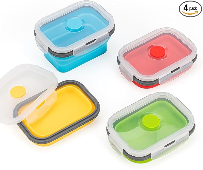 Collapsible Food Storage Containers with Airtight Lid, 11.8 oz, Small Kitchen Stacking Silicone Collapsible Meal Prep Container Set for Leftover, Microwave Freezer Dishwasher Safe, 4 Colors, Set of 4 by Annaklin