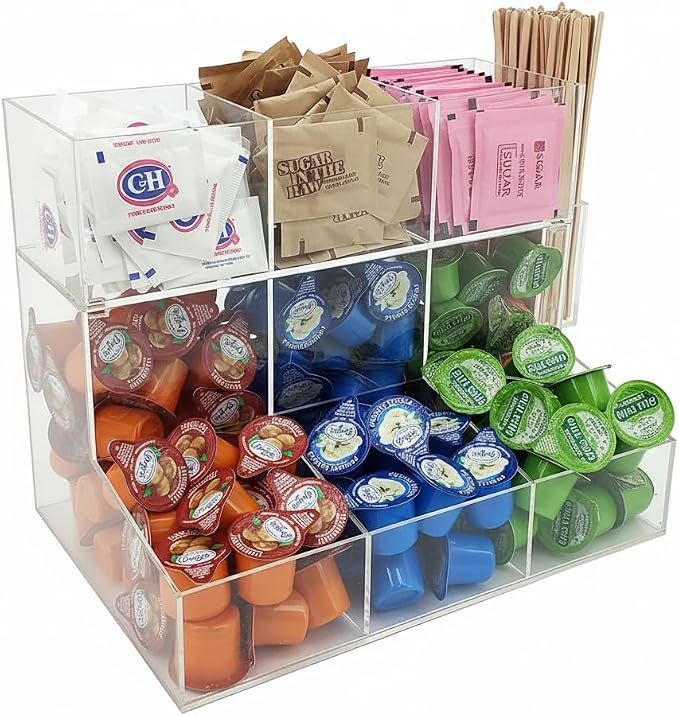 Acrylic Coffee Station & Condiment Organizer – Modular Detachable Top Tier – 6 Compartments for Sugar Packets, Creamers, Syrups, Hot Cups, Tea & Stirrers – Breakroom Caddy (Transparent) by OnDisplay