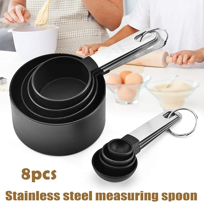 8-Piece Measuring Cup and Spoon Set, Plastic Measuring Cup and Spoon with Stainless Steel Handle, for Liquids and Solids, for Cooking Kitchen (Black) - Image 4