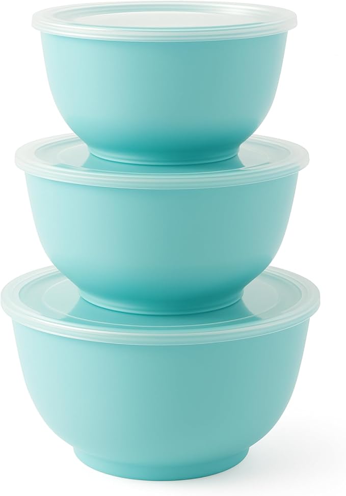 TP Melamine Mixing Bowl Set with Lids, Salad Bowl Set of 3, Glossy Teal | Nesting Design,Break-resistant,Pasta & Salad Prep, Baking Prep, Space-saving Storage, Freezer Safe, Dishwasher Safe by TastePrime