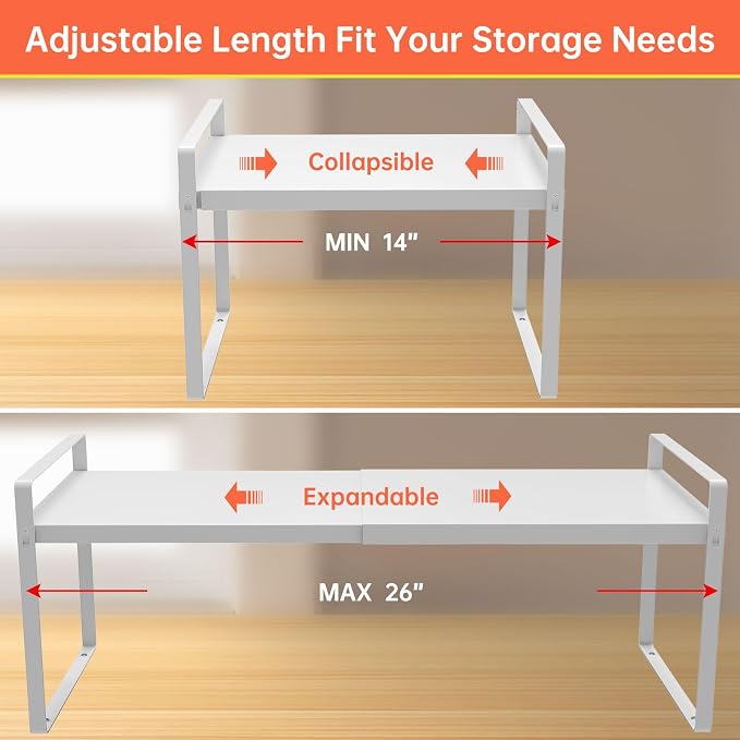 Expandable Cabinet Shelf Organizer for Kitchen 11", White (2 Pack) | Expandable 14-25" Metal Countertop Organizer for Kitchen, , Fits Pantry, Over Sink, Spices, Microwave & Dishes - Image 2