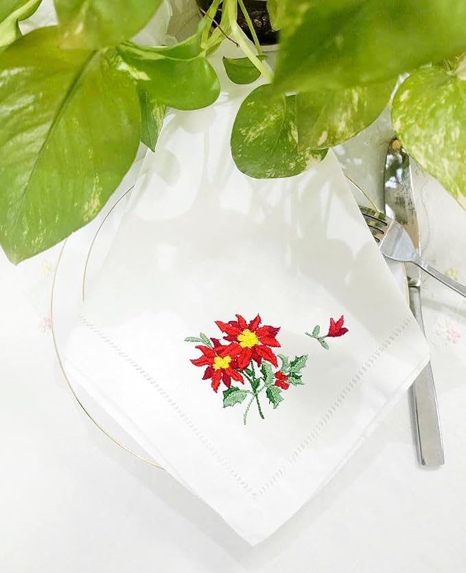 Embroidered Cloth Napkin Red Poinsettia and Holly Christmas Cotton Napkins Set of 6, 20 x 20 Hemstitch Table Napkins Machine Washable, Daily & Holidays, Great Gift Ideas - Image 8