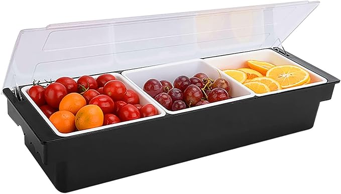 Ice Cooled Condiment Serving Container Fruit Veggie Condiment Caddy Plastic Garnish Station with Lid for Fruit,Ice Cream,Salad Bar-Topping Organizer for Restaurant Supplies (3 Compartments) | Ice chamber, keeps fruit & toppings chilled, 3 separate sect... by POWLAB