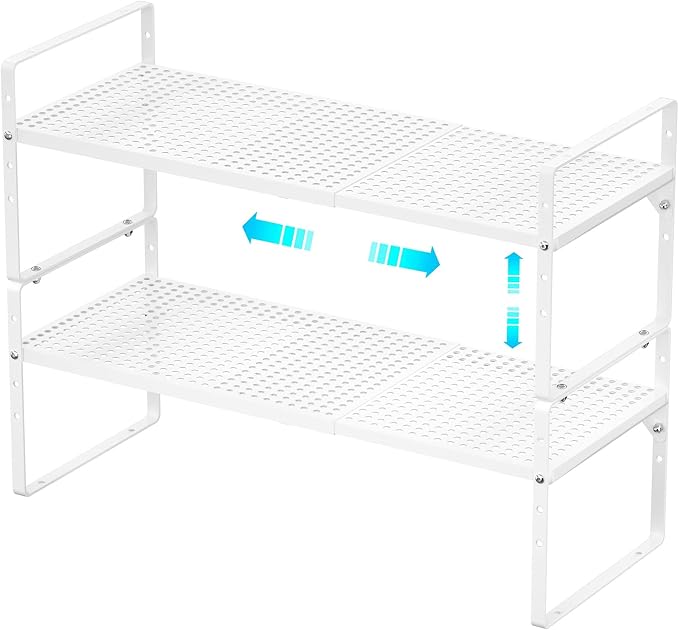 Redrubbit Expandable Cabinet Storage Shelf, Adjustable Height Steel Metal Kitchen Counter Organizers Shelves Spice Rack for Kitchen Pantry Bathroom Cupboard Desk Home Office, White-2 Pack by Redrubbit