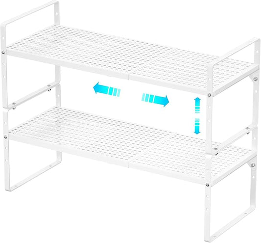 Redrubbit Expandable Cabinet Storage Shelf, Adjustable Height Steel Metal Kitchen Counter Organizers Shelves Spice Rack for Kitchen Pantry Bathroom Cupboard Desk Home Office, White-2 Pack by Redrubbit